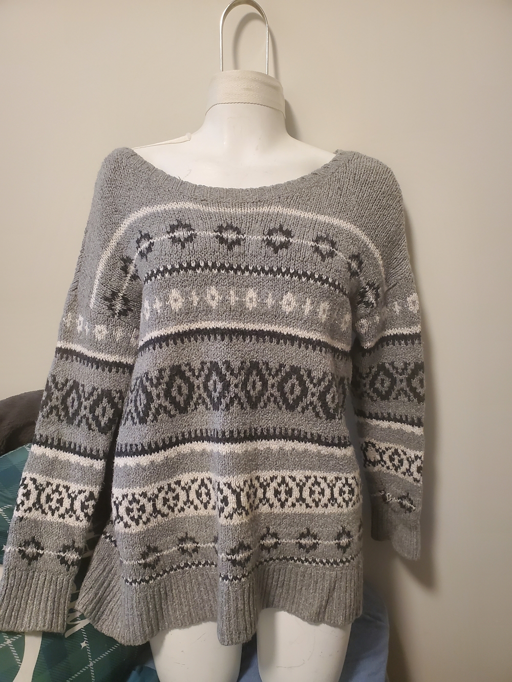 American Eagle Outfitters Gray Fair Isle Off-the-Shoulder Sweater